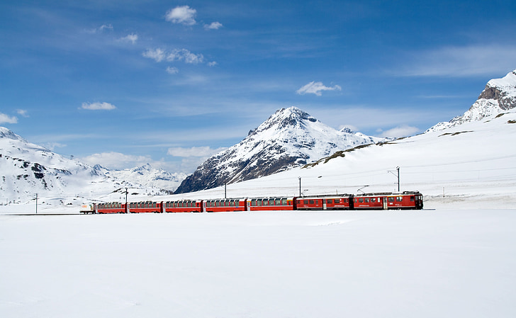 chemin de fer, chemin de fer Bernina, Express, Bernina, hiver, train, locomotive électrique