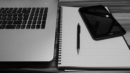 black-and-white, computer, keyboard, laptop, notebook, paper, pen