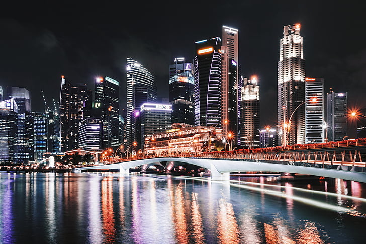 ville, bâtiment, photo, nuit, temps, Singapour, pont