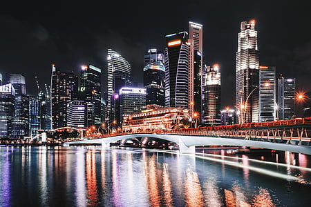 град, сграда, снимка, нощ, време, Сингапур, мост