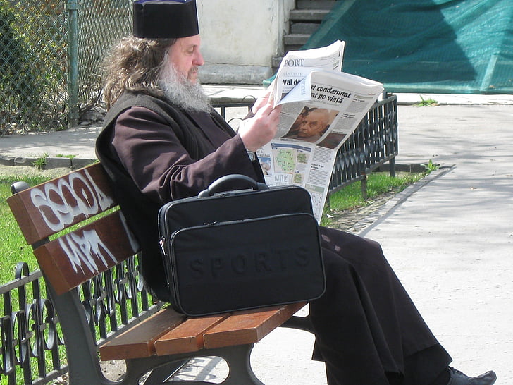 muž, staré, čítanie, posedenie, noviny, starý muž, fúzy