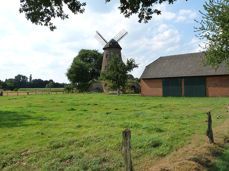 Windmühle, Mühle, Scheune, Zaun, Niederrhein, Flusslandschaft, Wiese