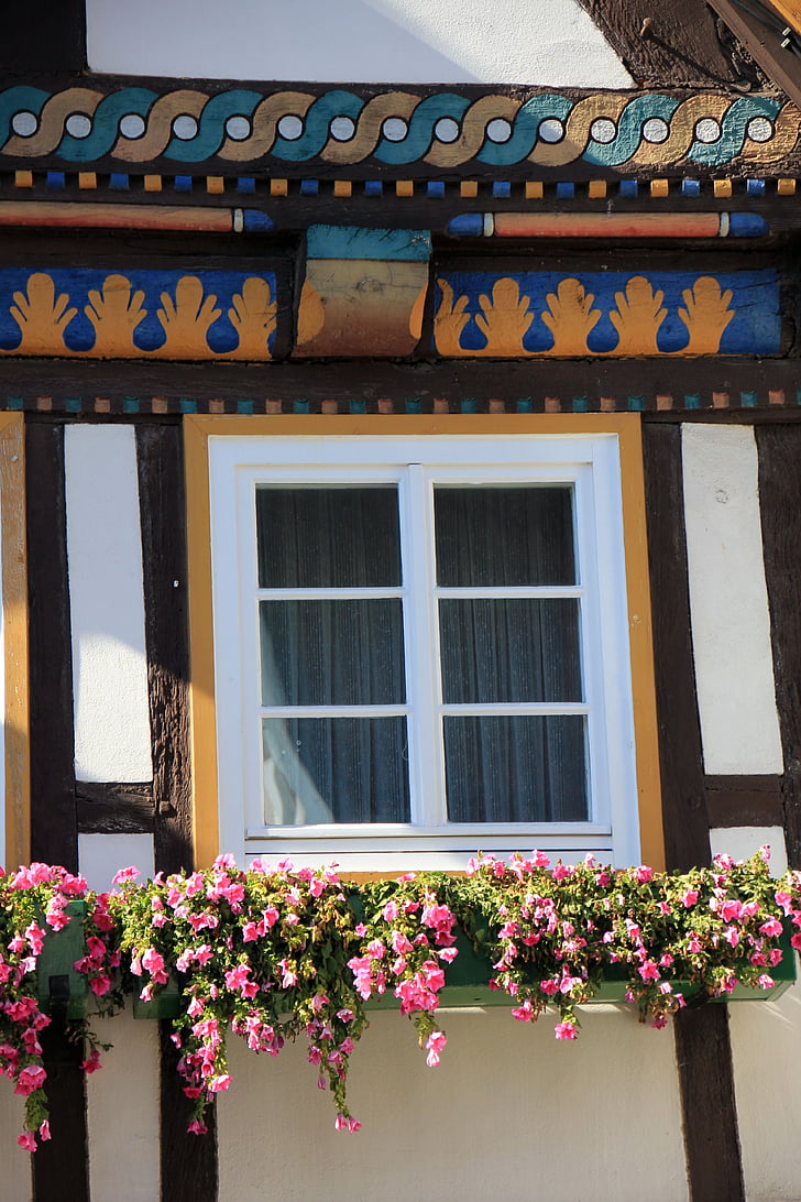 truss, fachwerkhaus, home, building, window, flowers, flower box