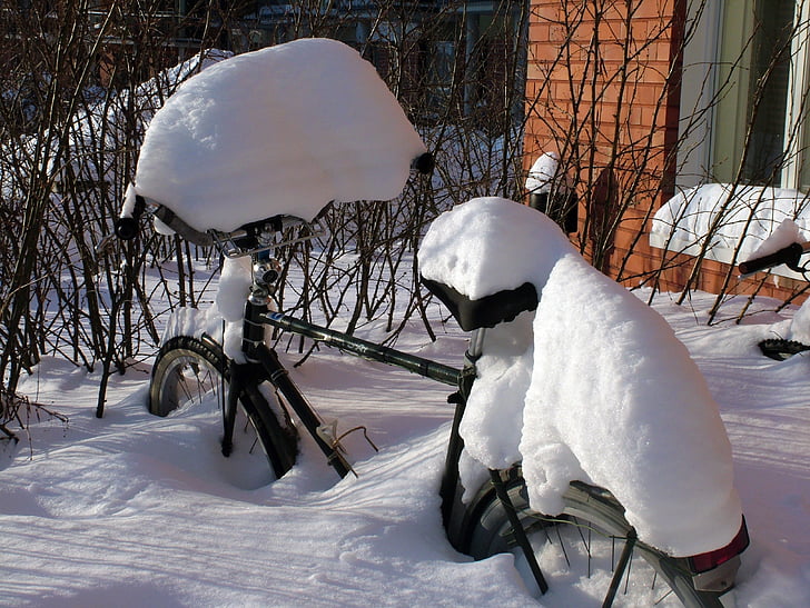 bicycle, snow, cover, winter