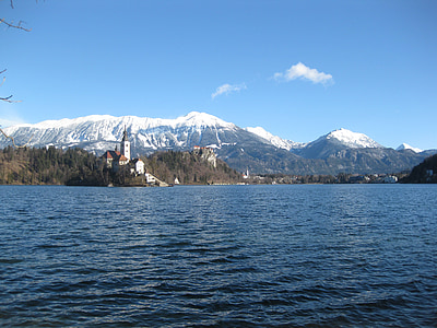 Jezioro, góry, Zamek, krajobraz, Bled, Słowenia, zimowe