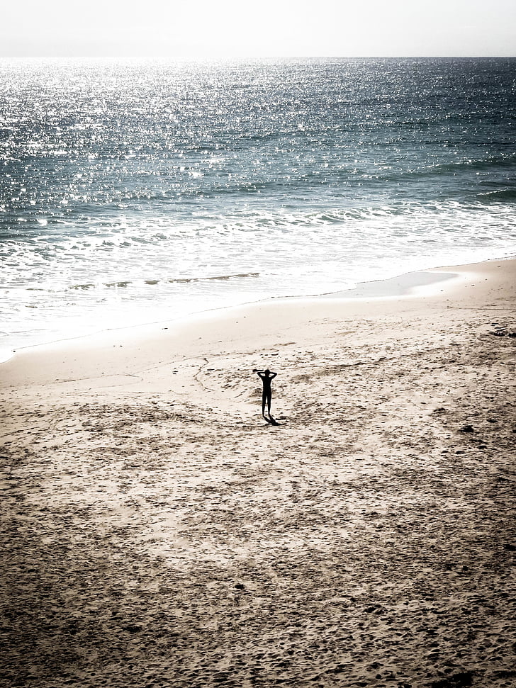 person, standing, sea, sand, seashore, beach, ocean