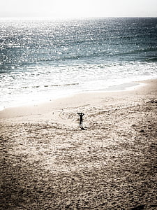 person, stående, sjøen, sand, kysten, stranden, hav