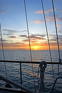solnedgång, fartyg, Ocean, havet, Boot, abendstimmung, upprullning