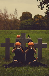 strašidelné, hroby, náhrobní kameny, hřbitov, Halloween, dýně, děsivé