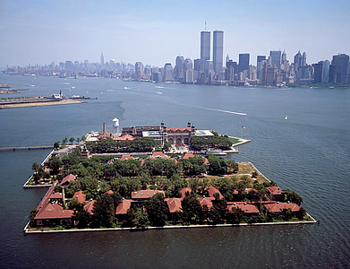 ellis island, new york city, skyline, urban, bay, harbor, landmark
