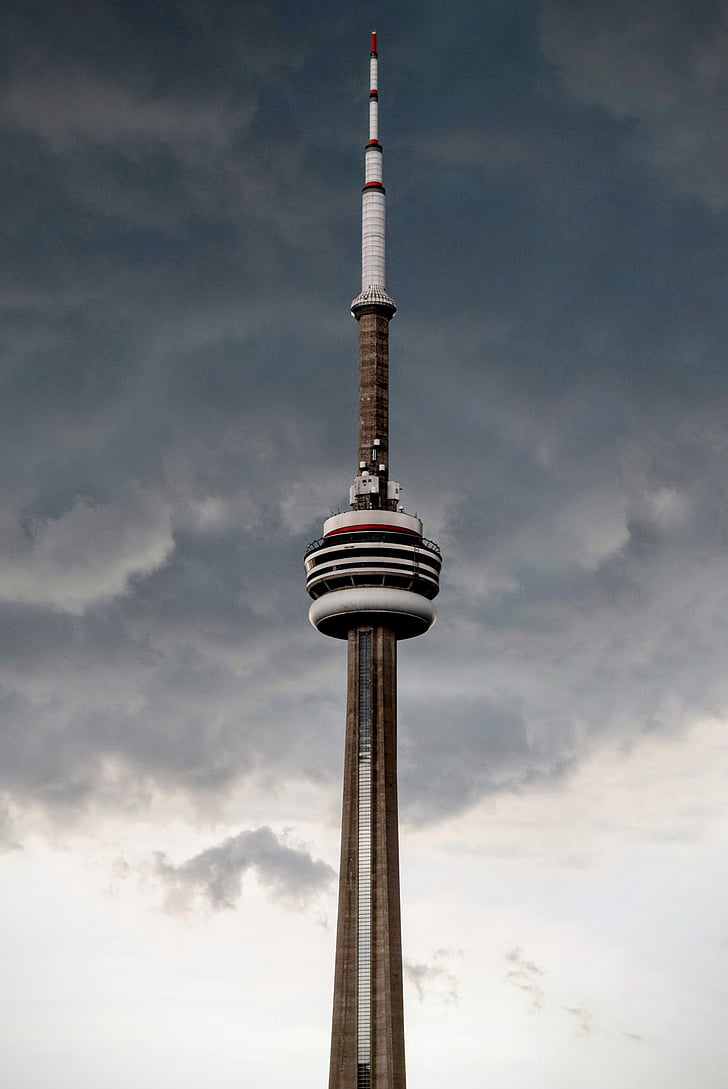 antenna, architecture, building, business, city, cn tower, dark clouds