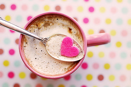 hot chocolate, heart, beverage, spoon polka dots, colors, pink heart, mug