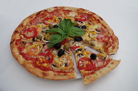 Pizza, fesleğen, zeytin, yemek, krájaná, odkrojená, üçgen