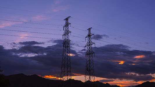 elèctrica, cables, quadrícula, poder, Powerlines, cel, posta de sol
