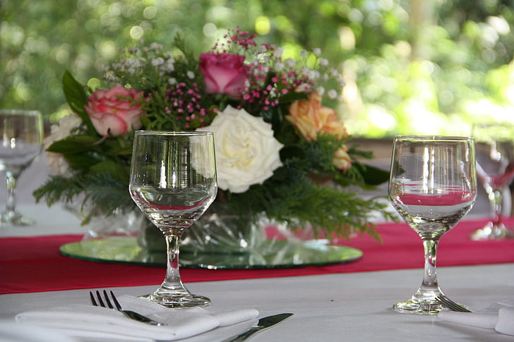 decoració, matrimoni, bols, vidre, ració, taula, el sopar