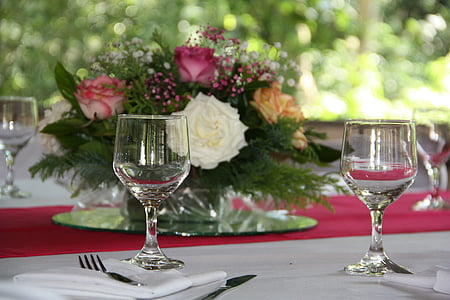 dekoráció, házasság, tálak, üveg, tálalás, táblázat, a vacsora