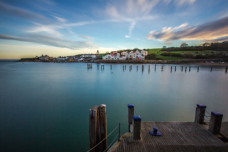 Swanage bay, Ocean, Pier, Twilight, Dorset, England, reflektion