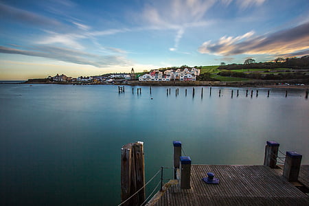 Swanage bay, Océano, muelle, Crepúsculo, Dorset, Inglaterra, reflexión