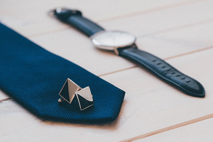 black, white, analog, watch, blue, necktie, cufflings