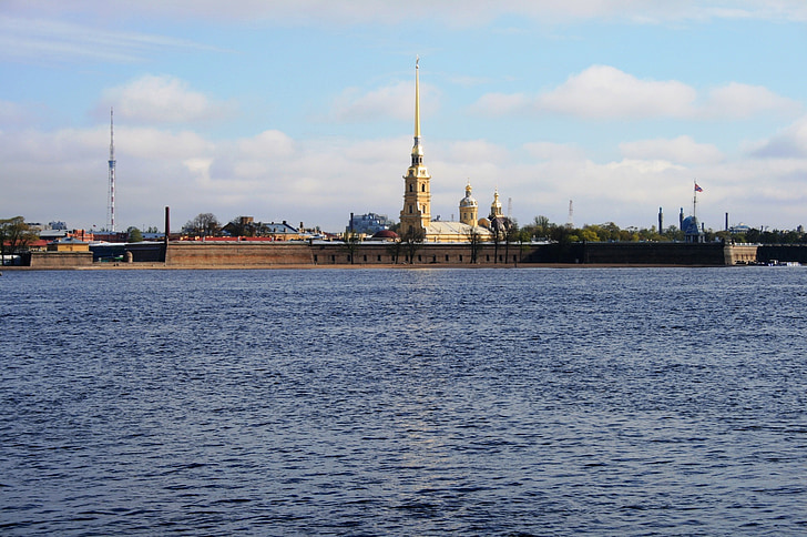 river, neva, water, blue, island, fortress, cathedral