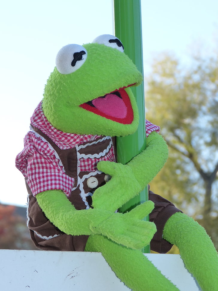 Kermit, žaba, bábika, kostým, kožené nohavice, vonku, zimné