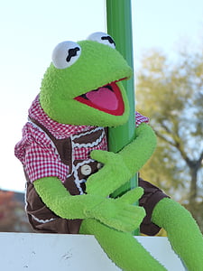 kermit, frog, doll, costume, leather pants, outdoors, winter