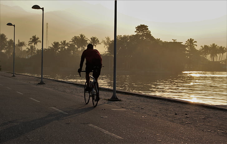 Cyklistika, světlo, cvičení, rybník, stíny, kolo, Eventide