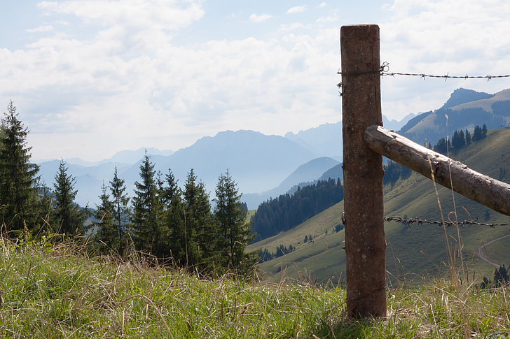 montagnes, alpin, Haute-Bavière, stempen, clôture, fil de fer barbelé, limite de