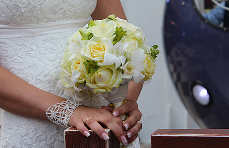 bruiloft, boeket, rozen, jurk, armband, manicure, ring