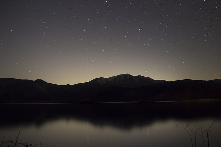 silhouette, hill, near, lake, nighttime, landscape, mountains