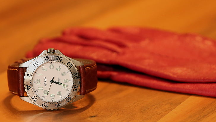 rellotge, rellotge de canell, packshot, temps, guant, vermell, taula