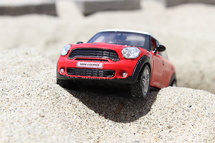 cotxe, mini cooper, en miniatura, model de cotxe, sorra, joguina