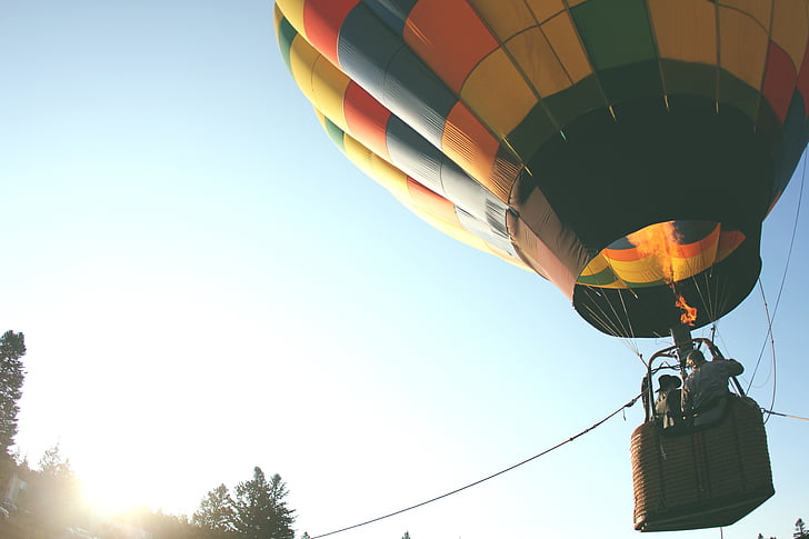 two, person, riding, hot, air, balloon, taking