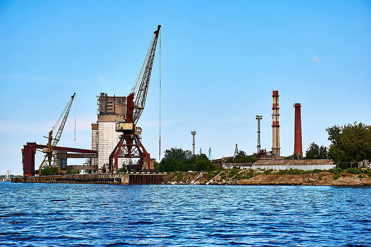 Riga, Latvia, Daugava, Sungai, air, Crane, industri