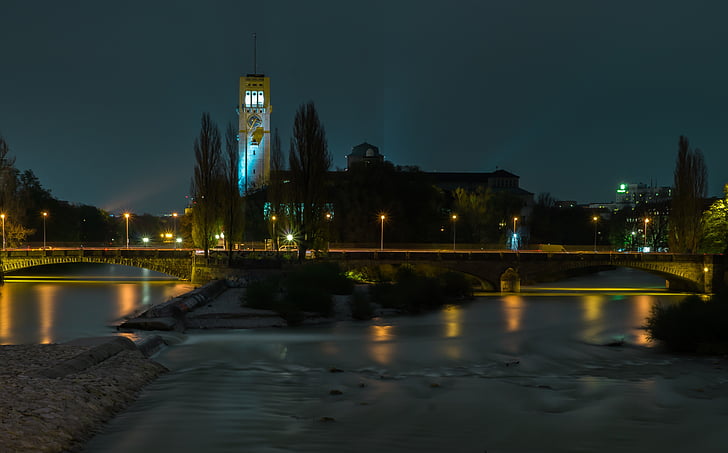 Muzeul German, noapte, Podul, München, iluminat, lumini, fotografia de noapte