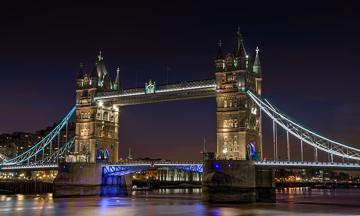 bridge, night, city, london, river, thames, landmark