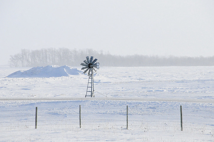 windmolen, winter, landschap, platteland, sneeuw, turbine, landbouw