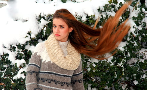소녀, 긴 머리, 금발, 겨울, 눈, 아름다움, 매혹적인