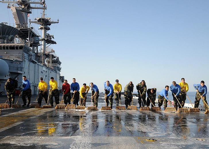 teamwork, sailors, cleaning, wash down, flight deck, aircraft carrier, vessel
