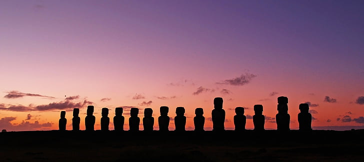 Chile, Velikonoční ostrov, Rapa nui, Moai, cestování, Západ slunce, silueta
