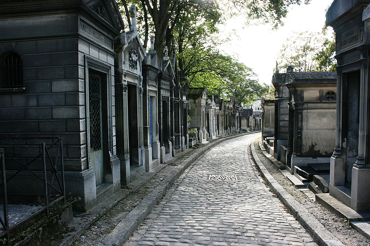 cemetery, tombs, pere lachaise, paris, architecture, old, street