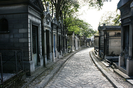 temető, sírok, Pere lachaise, Párizs, építészet, régi, utca