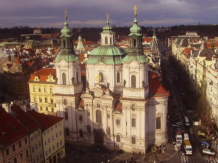 Prága, Cseh Köztársaság, város, városi, épületek, templom, Sky