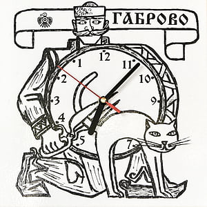 pendule, chat, humour, Bulgarie, temps, illustration, noir et blanc