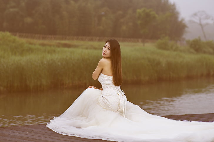 flowers, dress up, woman, young adult, lake, one young woman only, wedding dress