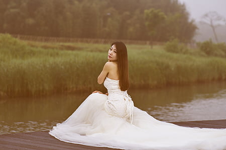 flowers, dress up, woman, young adult, lake, one young woman only, wedding dress