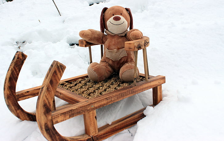 meškiukas, iškamša, Minkštasis žaislas, pūkuotas meškiukas, Džiugu, sėdėti, sniego