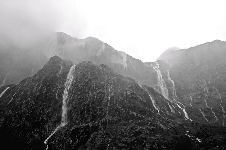 zwart-wit, waterval, berg, mist, water, wolk, regen