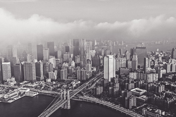 gratte-ciel, Aerial, vue, bâtiment, ville, Downtown new york, pont