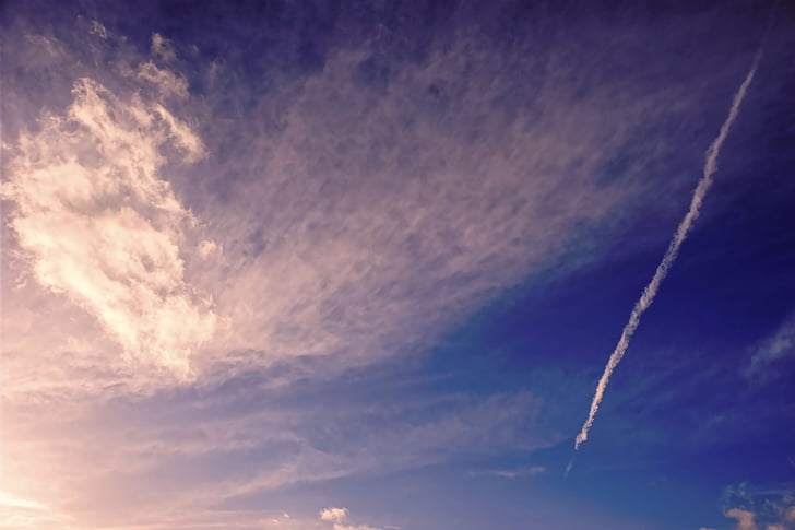 sky, clouds, blue, clouds form, covered sky, flight, contrail